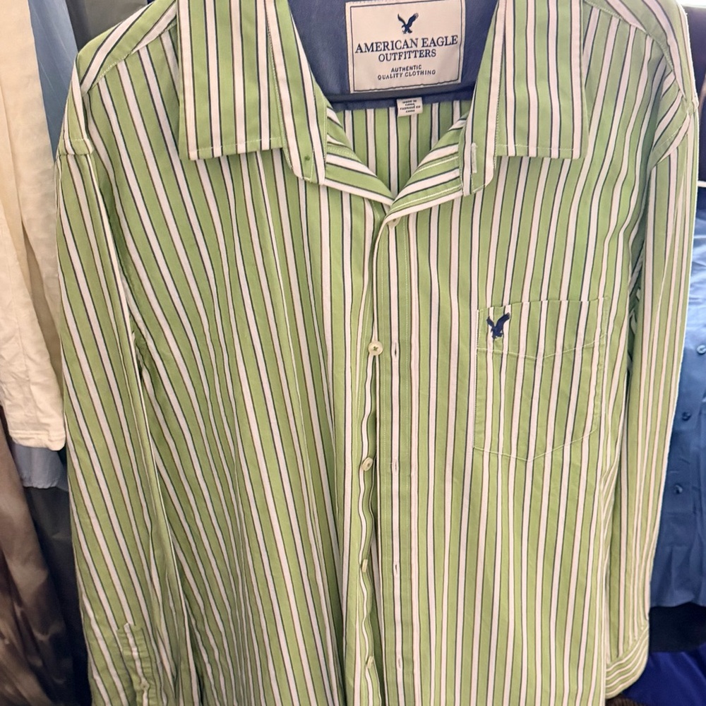 American Eagle Outfitters Men's Green and White Striped Shirt